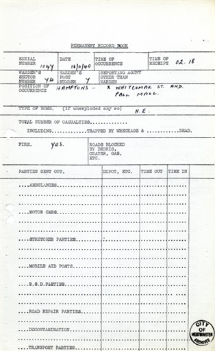 Photo:ARP Permanent Record Book, Hampton's, 16 November 1940