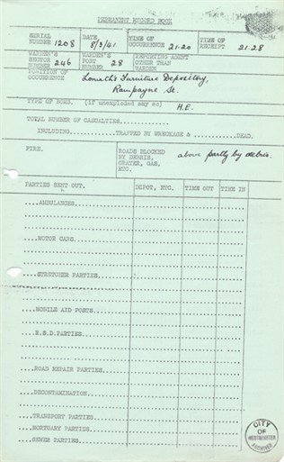 Photo:ARP Permanent Record Book, Lomath's, Rampayne Street SW1