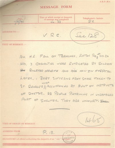 Photo:ARP Message Form, Eaton Sqaure, 1941