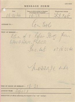 Photo:ARP Message Form, Langham Hotel, October 1940