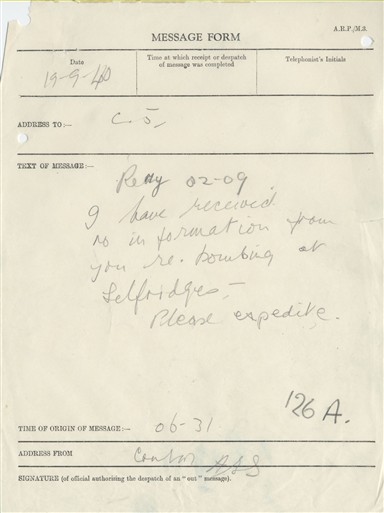 Photo:ARP Message Form, Selfridges, September 1940