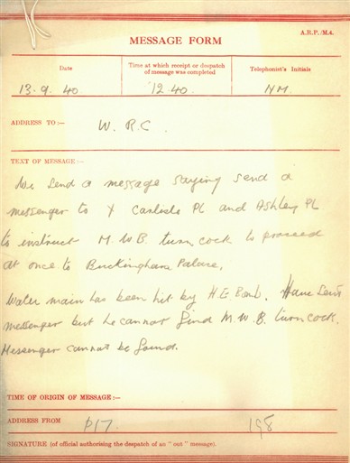 Photo:Message form describes bomb damage on 13 September 1940