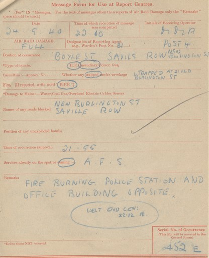 Photo:ARP Message Form , Savile Row, 24 September 1940
