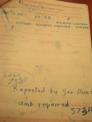 Photo:ARP Message form, Duchess Theatre, 8 October 1940