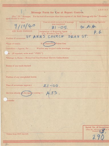 Photo:ARP Message Form, St Anne's Church, Soho, 1940