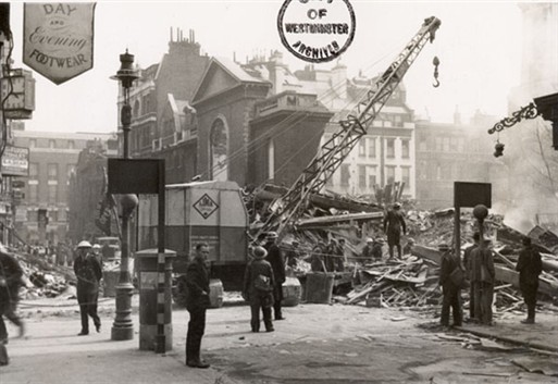 Photo:Air Raid damage to Dean Street facade of St Anne's Soho, 11 May 1941