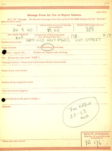 Photo:ARP Message Form, Army & Navy Stores, 24 September 1940