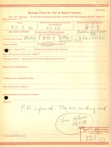 Photo:ARP Message Form, Army & Navy Stores Warehouse, 25 September 1940