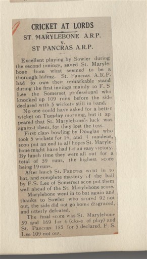Photo:Article from the Marylebone Record with the results of a cricket match between groups of air raid wardens