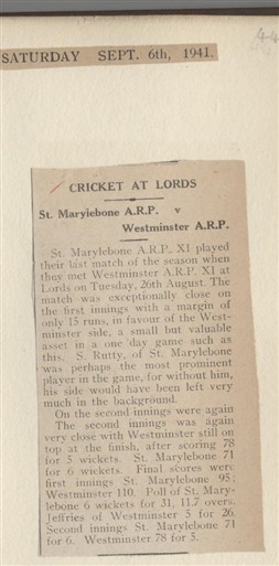 Photo:1941 article from The Record and West London News about another cricket match between two groups of air raid wardens