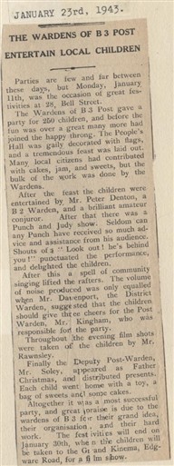 Photo:1943 article from The Record and West London News about a party thrown for children by their local ARP