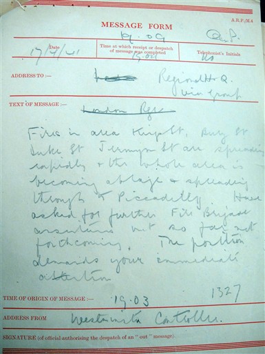 Photo:ARP Message Form: Fire report around Jermyn Street, 17 April 1941