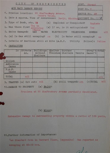 Photo:Air Raid Damage Report for 95 Shaftesbury Avenue, 16 November 1940