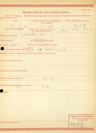 Photo:ARP Message Form, Downing Street, 24 September 1940