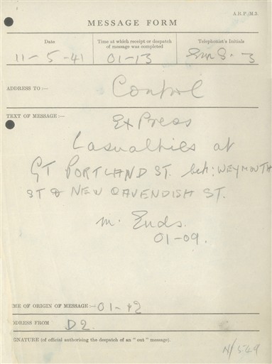 Photo:St Marylebone ARP Post D2 Message Form, 11 May 1941