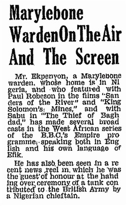 Photo:25 March 1944 Newspaper clipping from The Willesden Citizen describing Ekpenyon's film career
