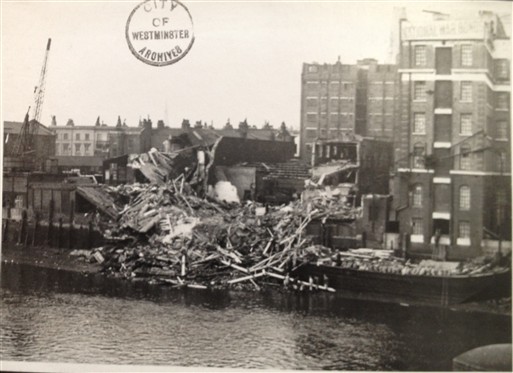 Photo:Hovis Flour Mill and Wharf after being destroyed by a high explosive bomb, December 1940