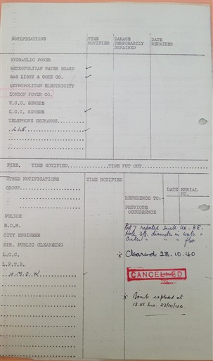 Photo:Incident report No. 795, National Gallery. Note updates when bomb detonated on 23 October 1940