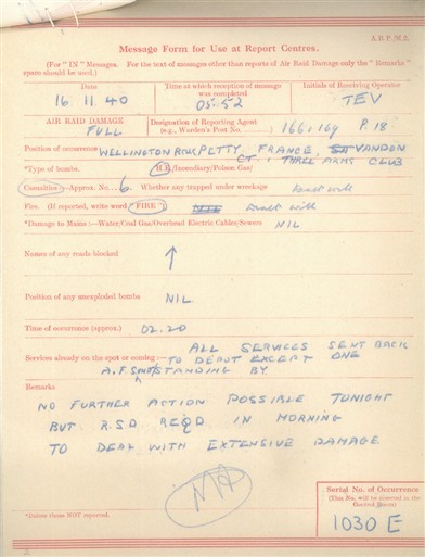 Photo:ARP Message form, Wellington Barracks, November 1940