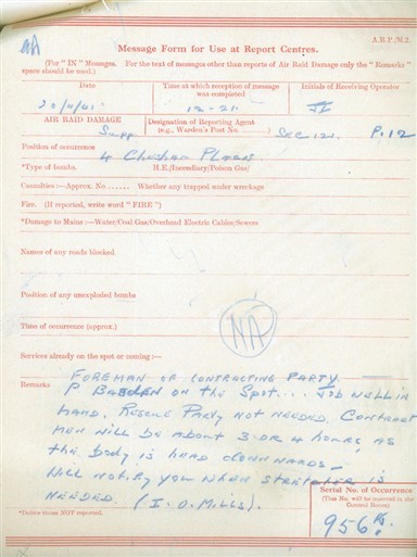 Photo:Message form describes how a body was found head downwards. 30 November 1940